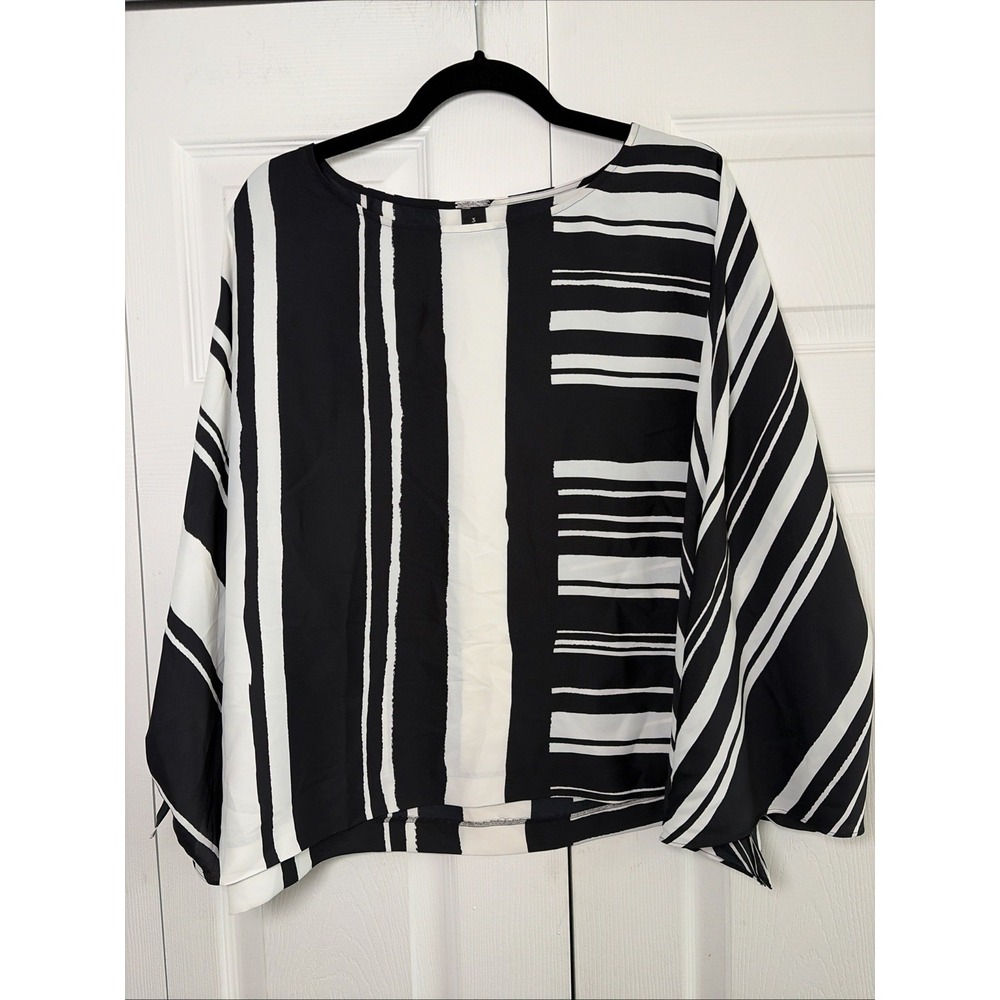 White House Black Market Striped Blouse Womens 3 XL Black White Knot Sleeve Top